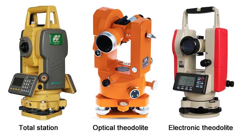 There is a yellow total station, a orange optical theodolite and a electronic theodolite.